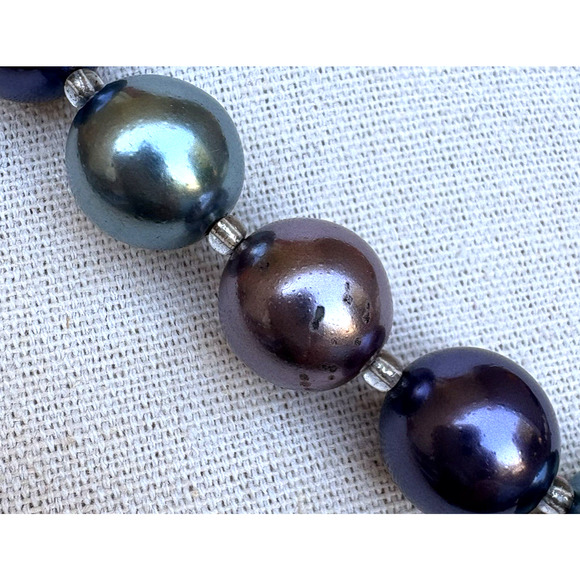 Vintage Joan Rivers Metallic Purple Blue Faux Pearl Necklace Silver Tone 21" - Picture 7 of 9